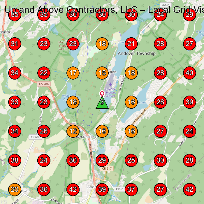 Up and Above Contractors, LLC GeoGrid visibility map for Lawn Care Service in Newton